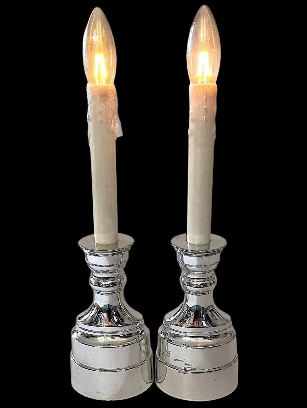 2 Vintage Bethlehem Lights Candles Battery Operated Taper Timer Silver Tone